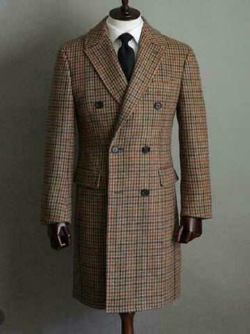 Wiaofellas  Winter Men Wool Houndstooth Overcoat Double-breasted Six Button Warm Long Coat Formal Tailored